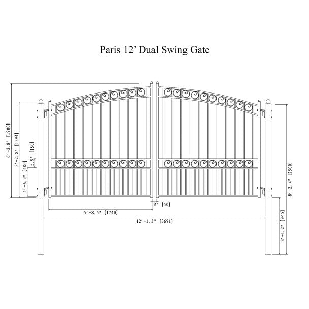 Paris Style Steel Dual Swing Driveway Gate – Black Galvanized 12'–18'