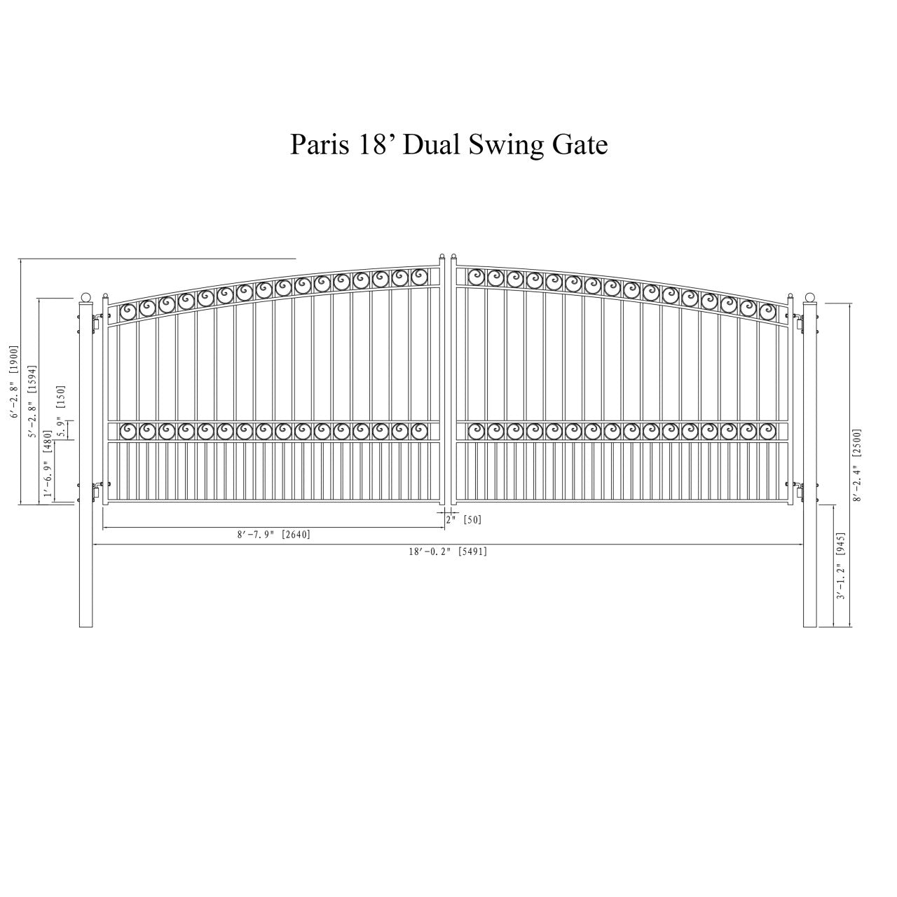 Paris Style Steel Dual Swing Driveway Gate – Black Galvanized 12'–18'