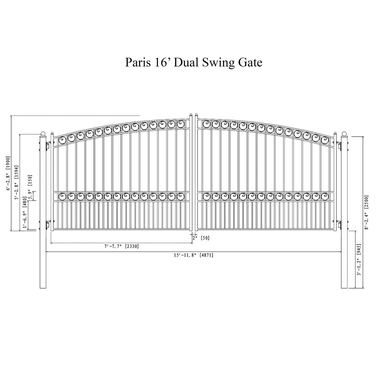 Aleko Paris Style Steel Dual Swing Driveway Gate – Black Galvanized 12'–18'