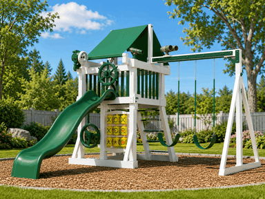 A large backyard playground set featuring a green slide, green swings, a climbing tower with a green roof, and a swing frame on a wood chip surface in a landscaped backyard.