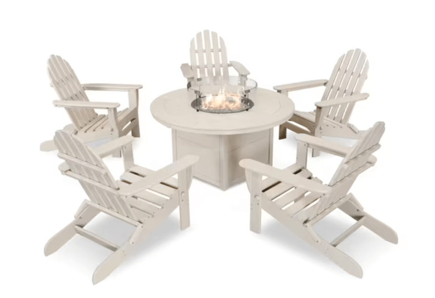 POLYWOOD Classic 6-Piece Folding Adirondack Chair Set with round fire pit table in sand recycled plastic

