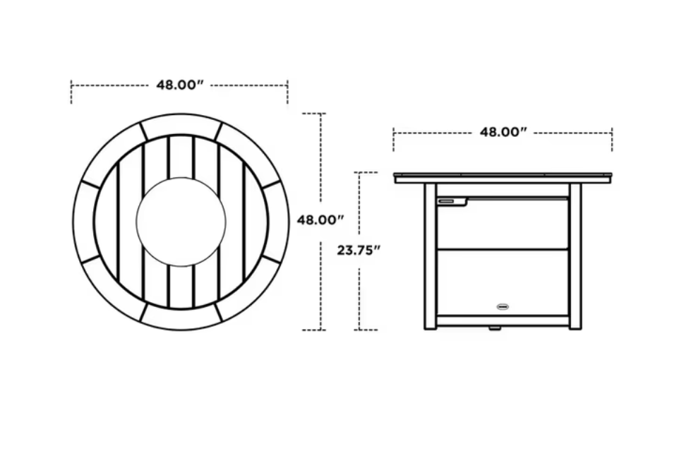 POLYWOOD Round 48-inch Fire Pit Table dimension diagram, 48W x 48D x 23.75H inches