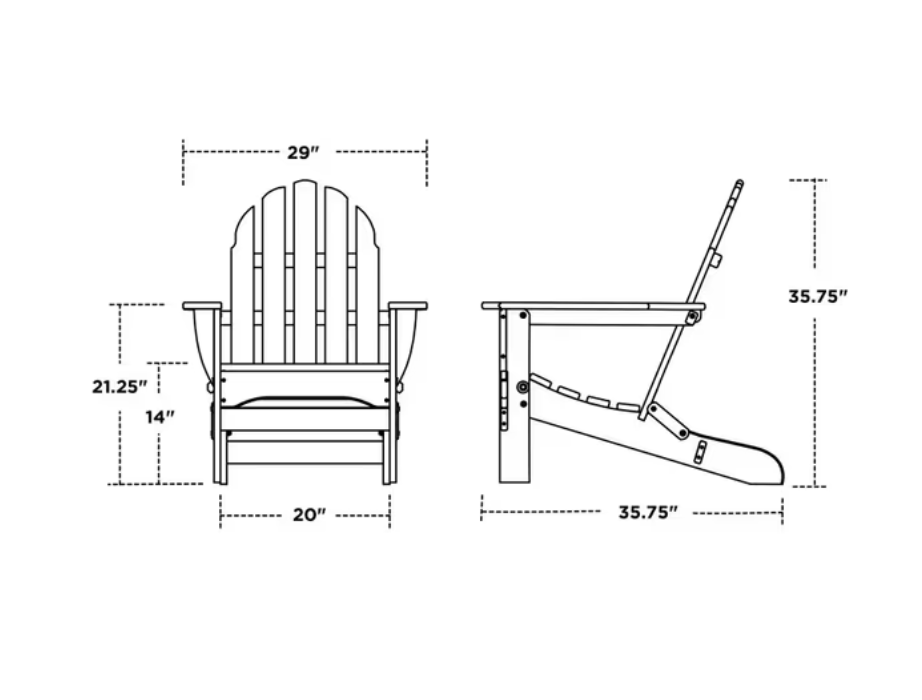 POLYWOOD Classic Folding Adirondack chair dimension diagram, 29W x 35.75D x 35.75H inches with 14 inch seat height