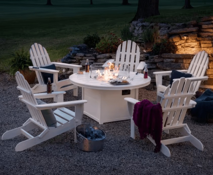 POLYWOOD Classic 6-Piece Folding Adirondack Chair Set with round fire pit table in white recycled plastic
