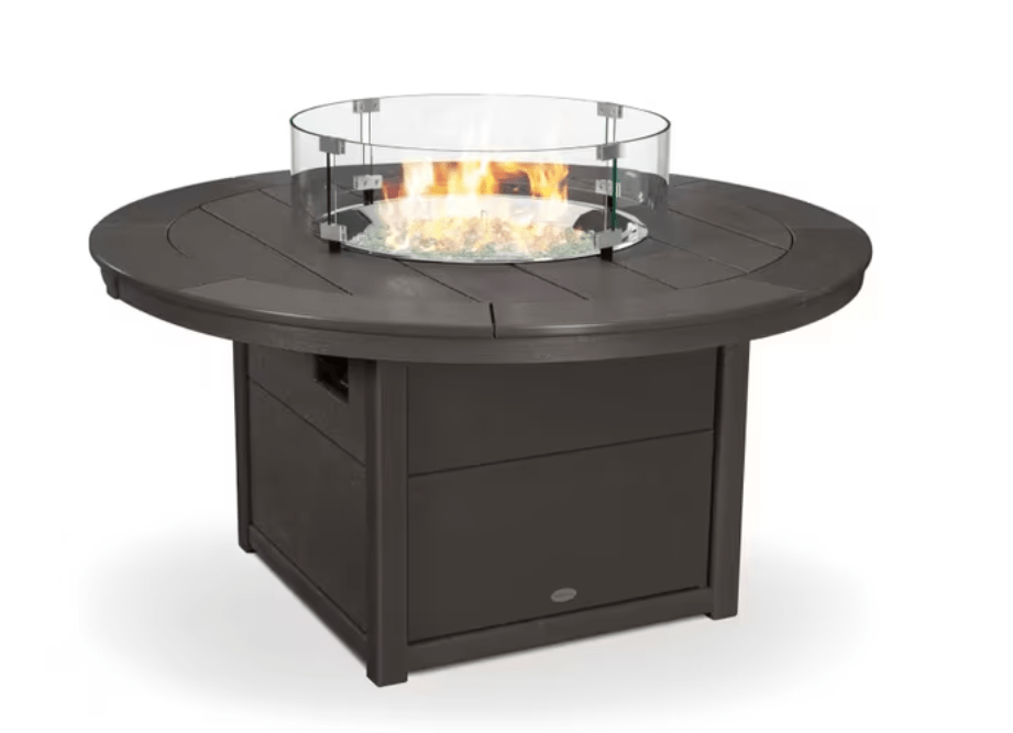 POLYWOOD Round 48-inch Fire Pit Table with glass wind guard, outdoor patio
