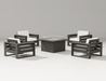POLYWOOD Latitude 5-Piece Conversation Set with Fire Pit in vintage coffee with white cushions
