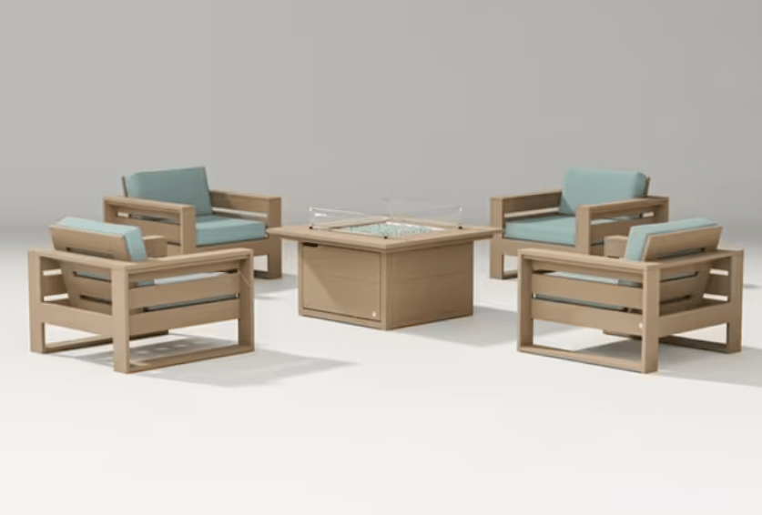 POLYWOOD Latitude 5-Piece Conversation Set with Fire Pit in vintage sahara with cushions
