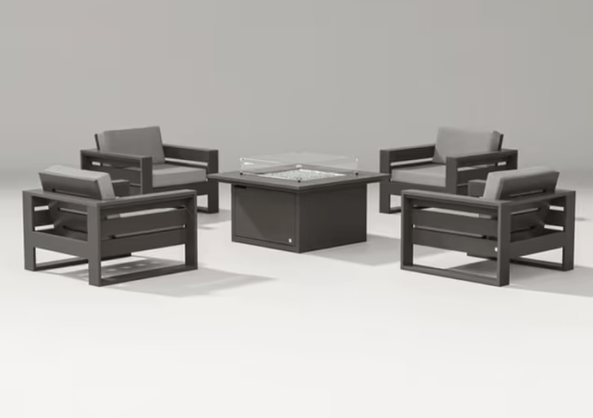 POLYWOOD Latitude 5-Piece Conversation Set with Fire Pit in vintage coffe and grey cushions
