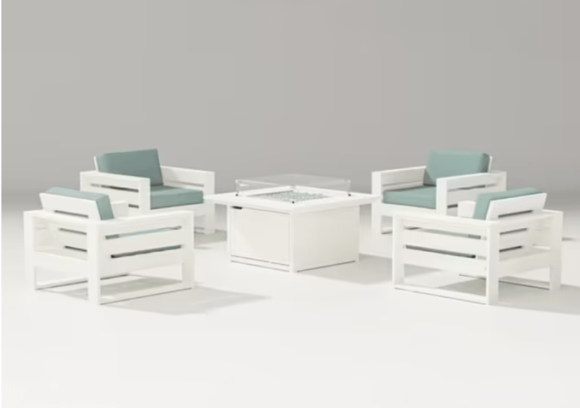 POLYWOOD Latitude 5-Piece Conversation Set with Fire Pit in vintage white recycled plastic with  cushions
