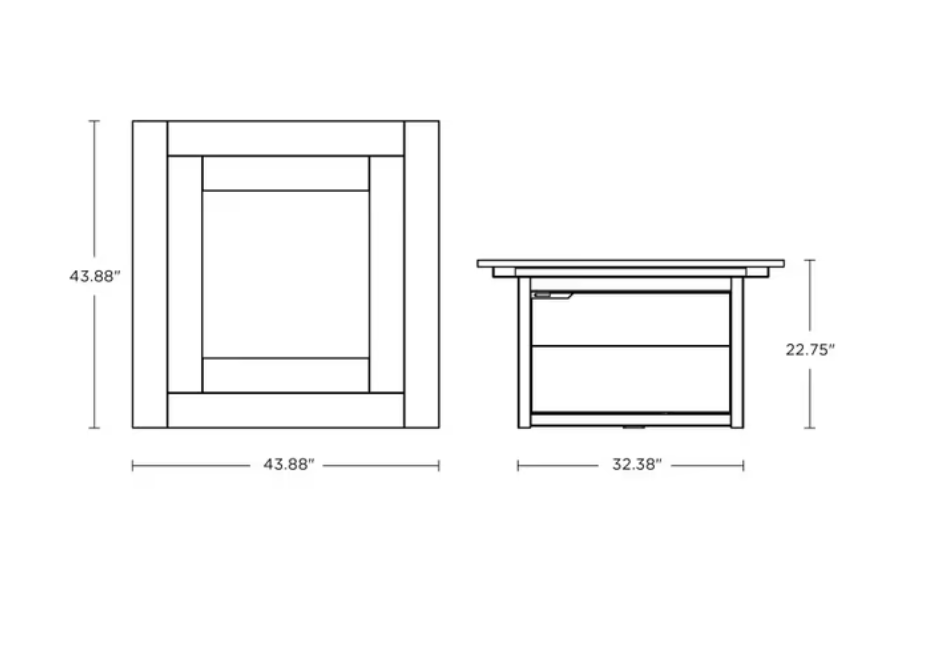 POLYWOOD Latitude Fire Pit Table dimension diagram, 43.88W x 32.38D x 22.75H inches
