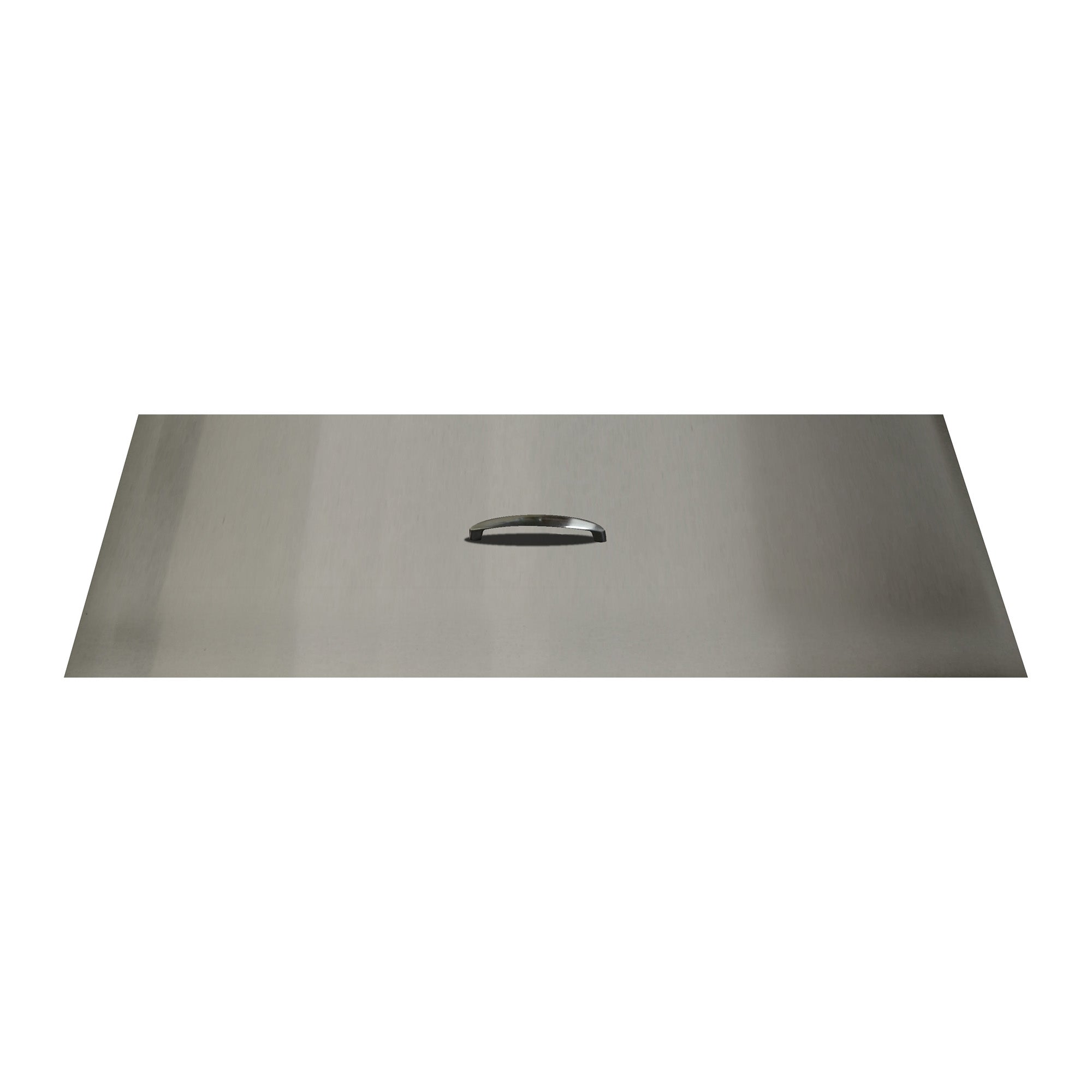 Brushed stainless steel fire pit cover with stainless steel handle, top view