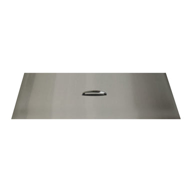 Brushed stainless steel fire pit cover with stainless steel handle, top view