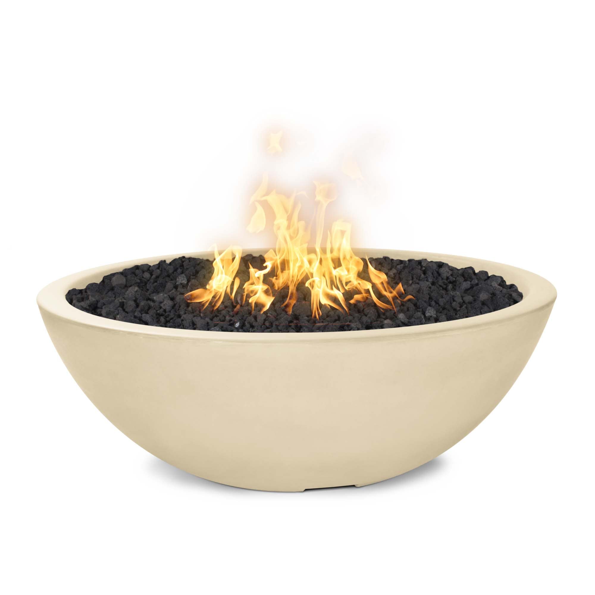 Beige fire pit with flames on a white background