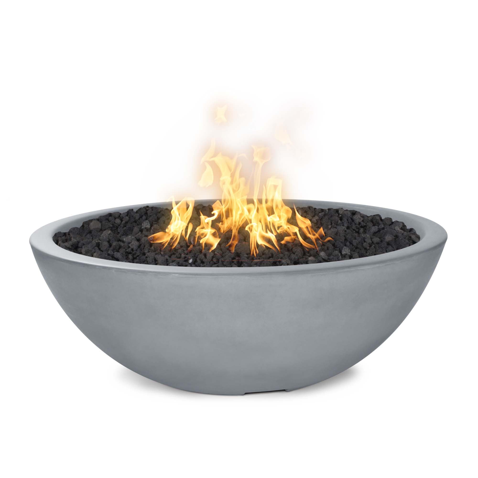 Gray fire pit with flames on a white background