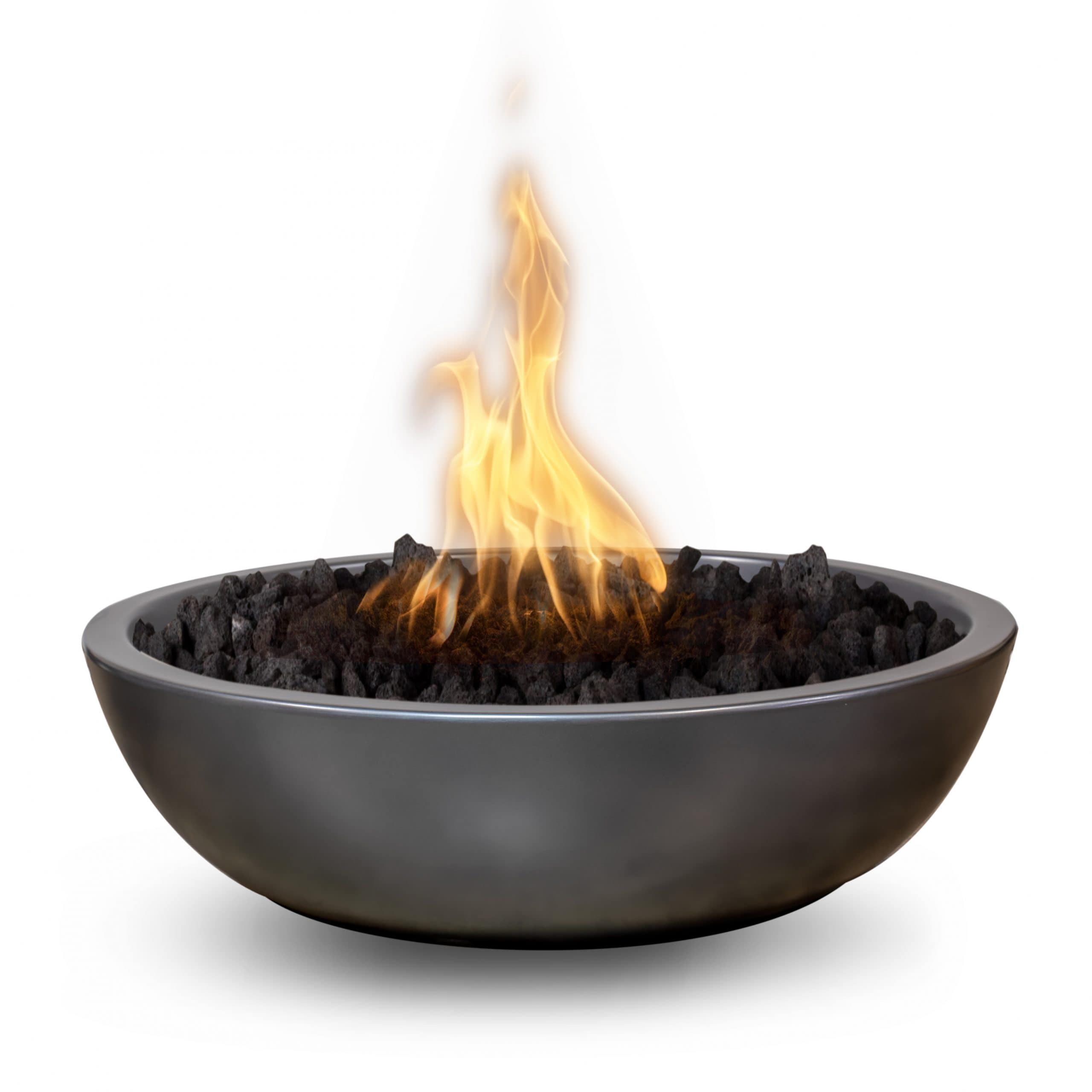 Black fire pit with flames on a white background