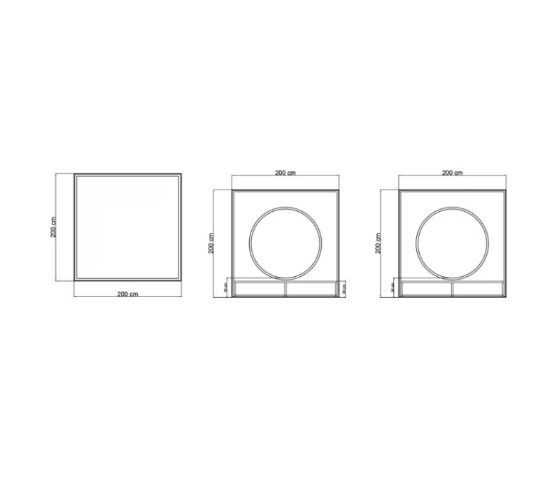Technical dimension drawing of a square wall-mounted fixture with a circular opening, shown from front, side, and top views on a white background.