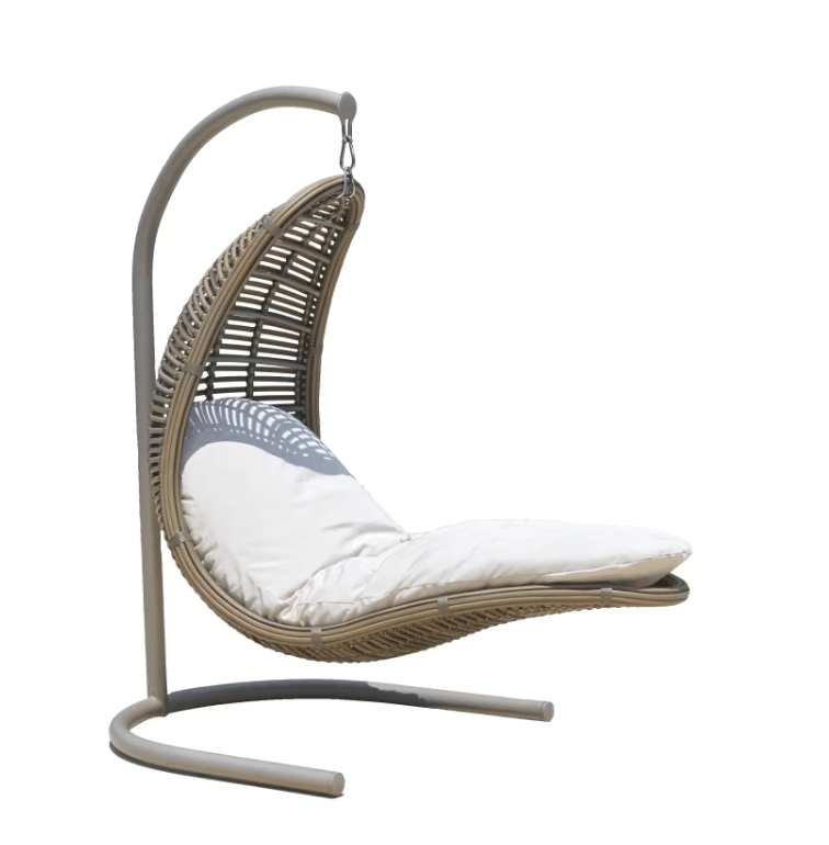 A modern wicker hanging chair with a curved metal frame, featuring a white cushion with a gray leaf pattern, isolated on a white background.