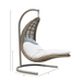 Wicker hanging chair with a curved metal frame and white cushion, shown on a white background with height and width dimension lines and labels.