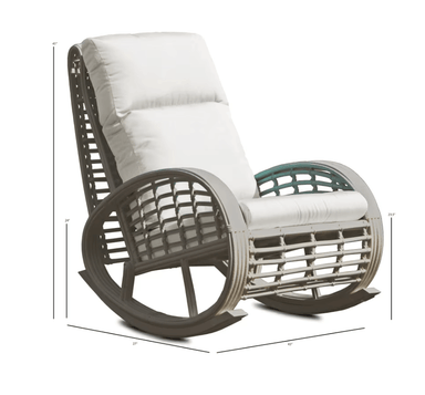 A patio rocking chair with a dark gray woven frame and white cushions, shown with dimension lines indicating its height and width.