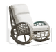 A patio rocking chair with a dark gray woven frame and white cushions, shown with dimension lines indicating its height and width.