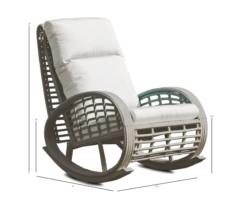 A patio rocking chair with a dark gray woven frame and white cushions, shown with dimension lines indicating its height and width.