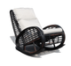 A dark brown wicker rocking chair with plush off-white cushions, shown from a three-quarters angle on a white background with a soft shadow.