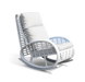 A white outdoor rocking chair with a light gray slatted frame and thick off-white cushions, shown on a plain white background.