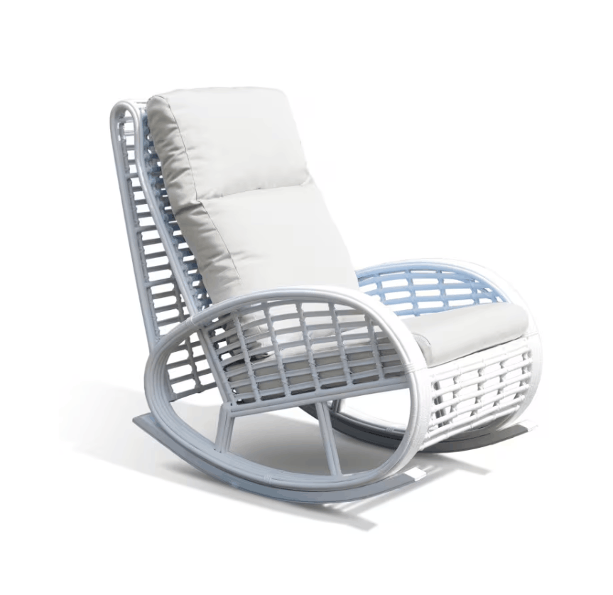 A white outdoor rocking chair with a light gray slatted frame and thick off-white cushions, shown on a plain white background.