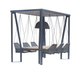 A modern outdoor patio cabana with a suspended dining table and six hanging mesh chairs, featuring a dark gray metal frame and a light wood tabletop.