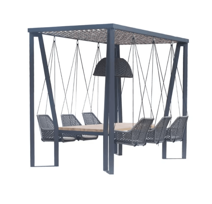 A modern outdoor patio cabana with a suspended dining table and six hanging mesh chairs, featuring a dark gray metal frame and a light wood tabletop.