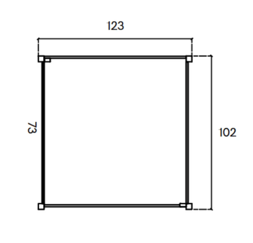 A simple black-and-white technical drawing showing a square frame with dimension labels 123, 102, and 73, indicating size information rather than a photographed product.