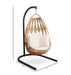 A hanging wicker egg chair with a natural beige woven body, cream cushions, and a black metal stand, shown with dimension lines indicating 55 inches height, 30.5 inches width, and 46 inches depth on a white background.