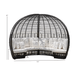 Black wicker egg-shaped outdoor daybed with white cushions, shown with dimension lines and measurements on a white background.