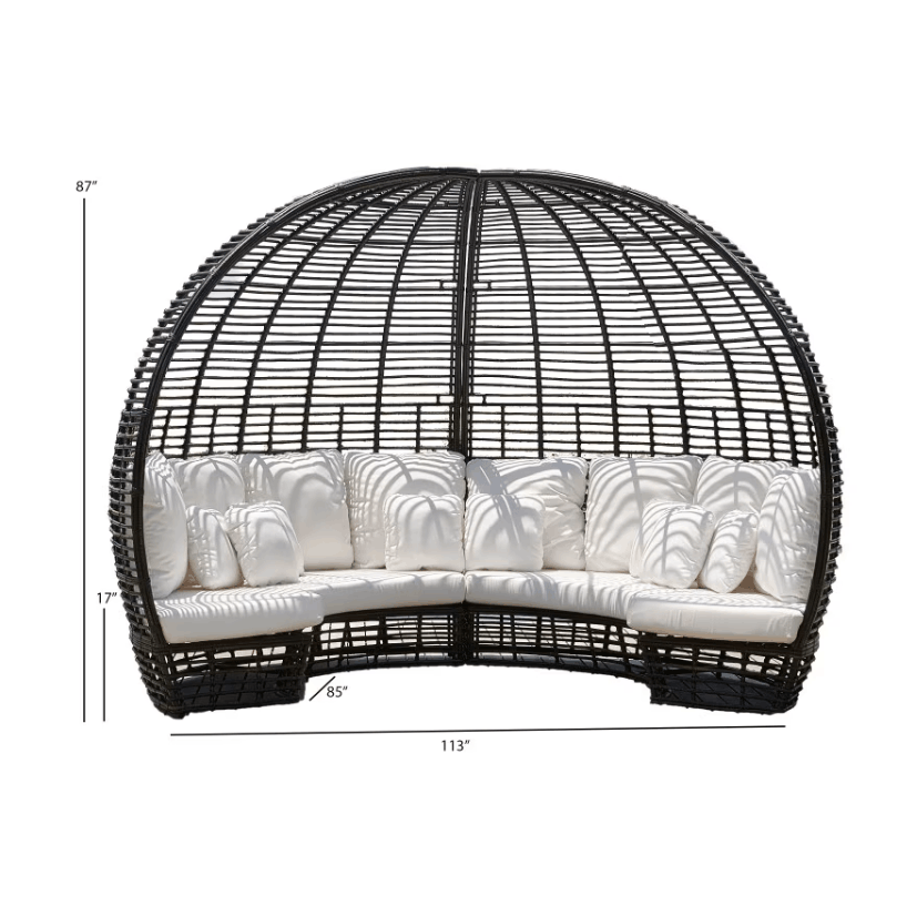 Black wicker egg-shaped outdoor daybed with white cushions, shown with dimension lines and measurements on a white background.