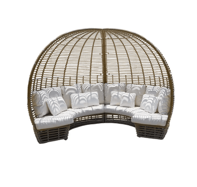 A curved outdoor daybed with a large arched dome-style wicker canopy and thick white cushions, shown on a plain white background.