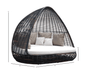 A dark woven egg-shaped outdoor daybed with a white cushion and gray patterned pillows, shown on a white background with height and width dimension lines and labels.