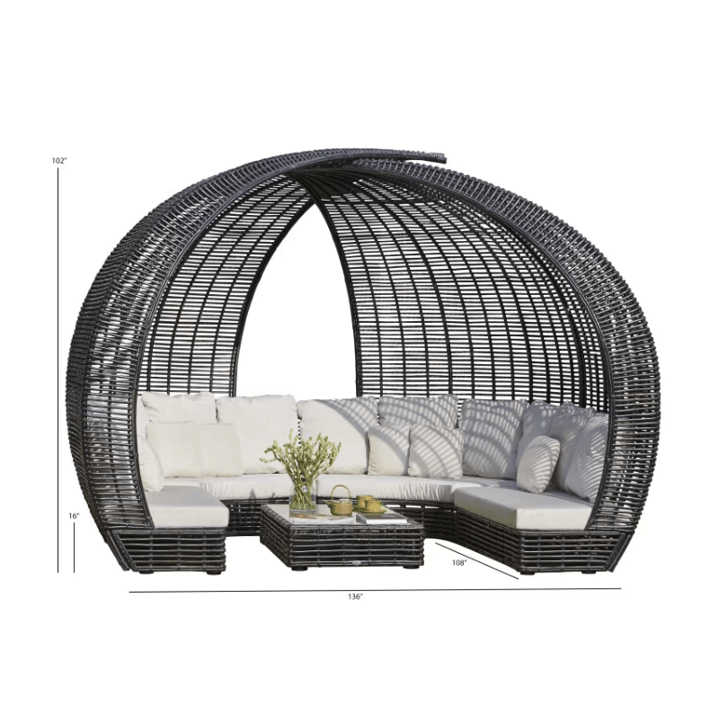 Skyline Design Sparta 136" Wicker Outdoor Lounge Set dome sectional dimensions diagram white cushions
