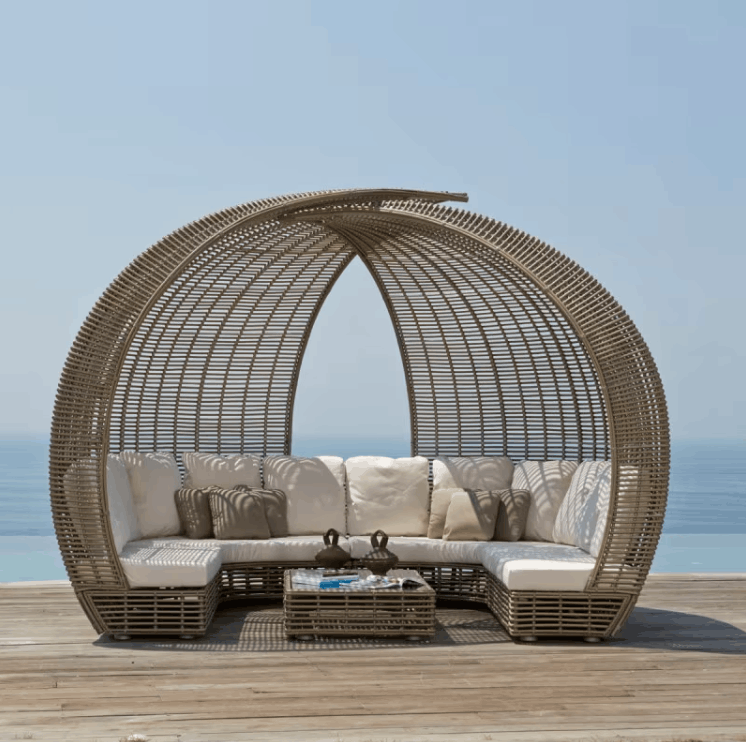 Skyline Design Sparta 136" Wicker Outdoor Lounge Set dome sectional natural tone poolside deck
