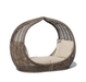 A modern teardrop-shaped wicker daybed with a curved back and seat, upholstered in a warm taupe-brown woven material and fitted with cream-colored cushions, shown on a plain white background.