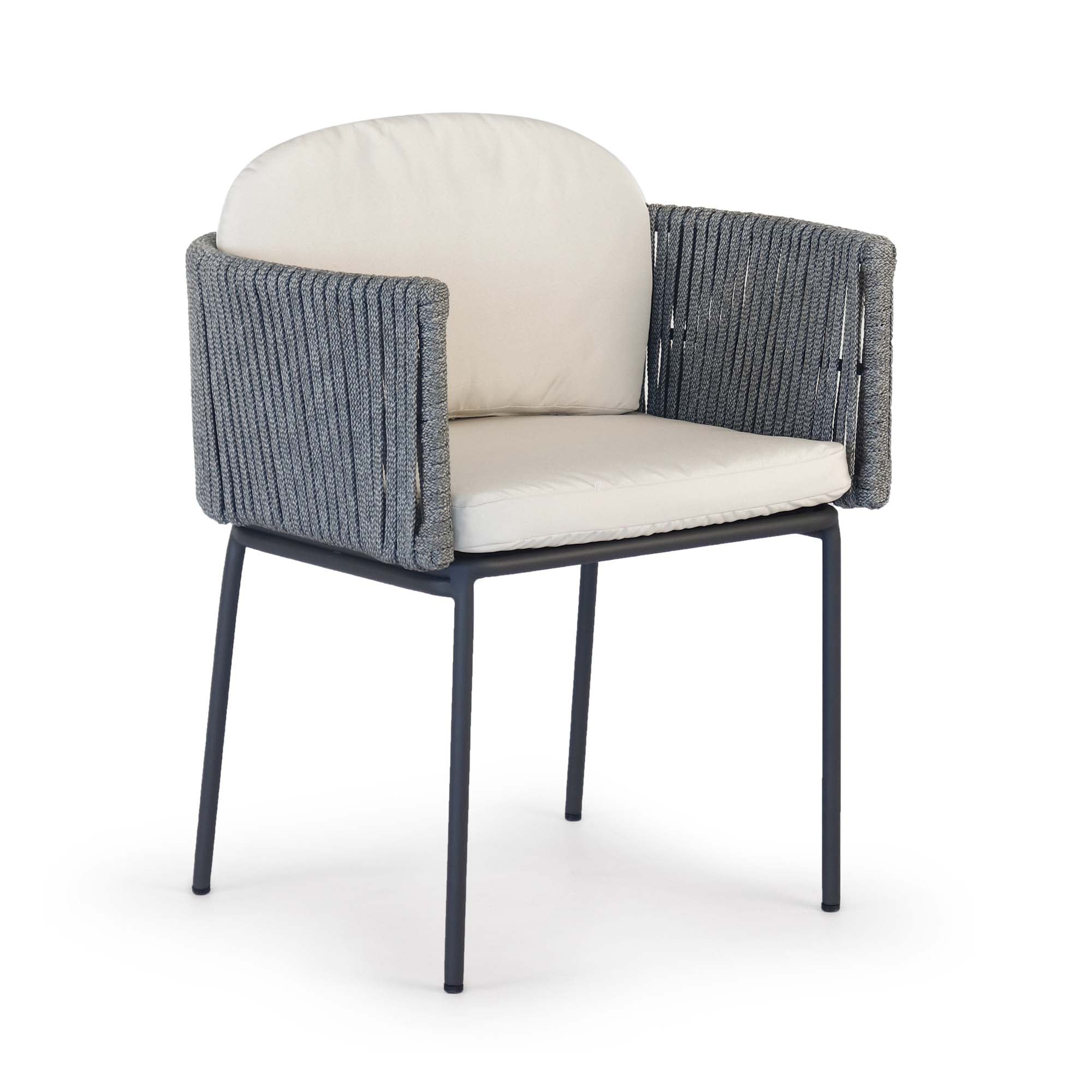 Modern chair with gray woven backrest and white cushion on a white background