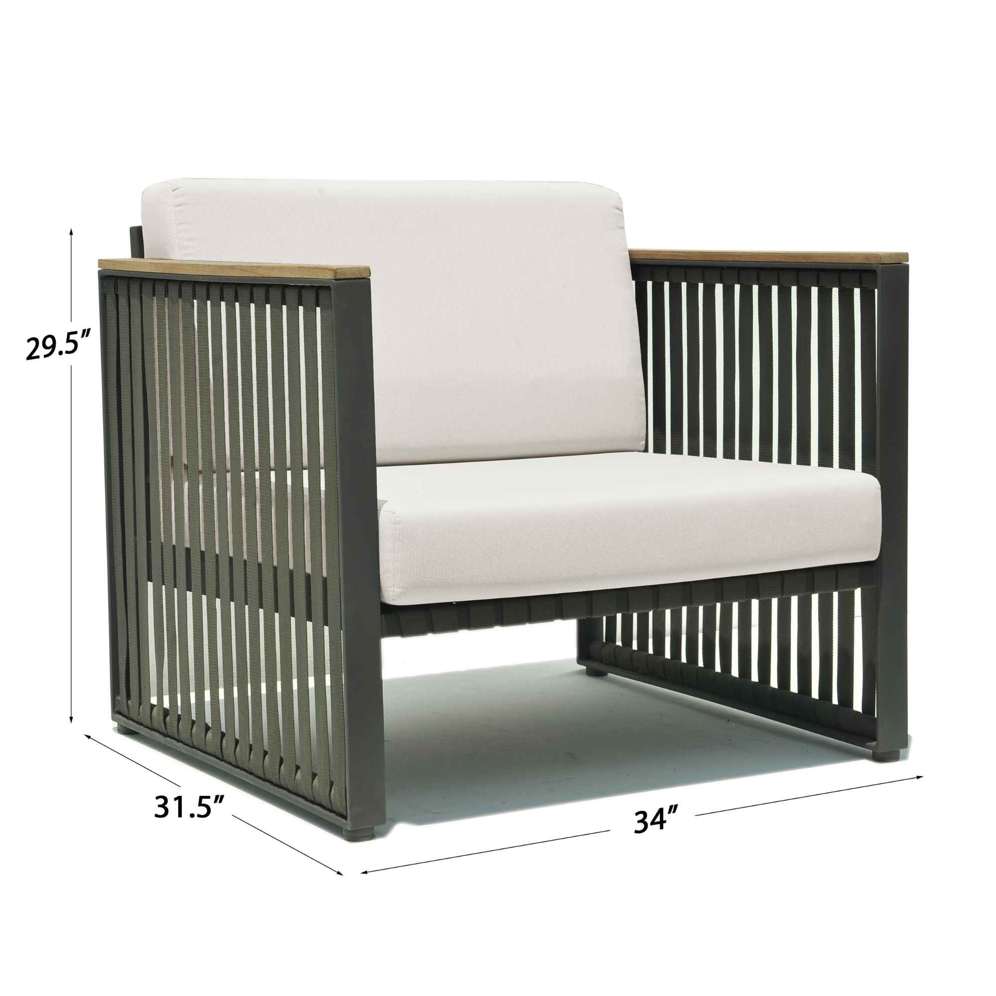 Modern chair with white cushion and metal frame, shown with dimensions on a white background