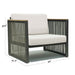 Modern chair with white cushion and metal frame, shown with dimensions on a white background