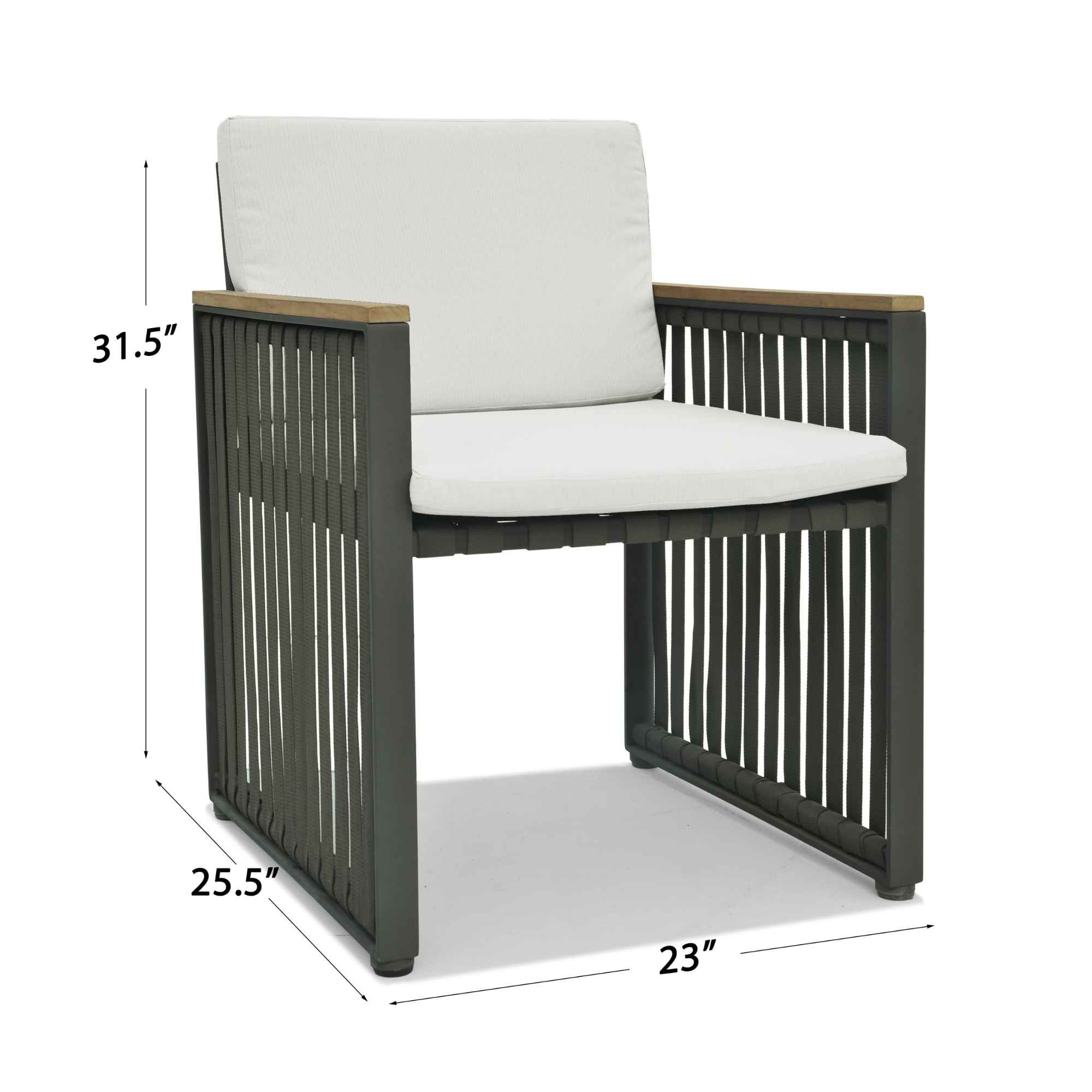 Chair with white cushion and dimensions labeled on a white background