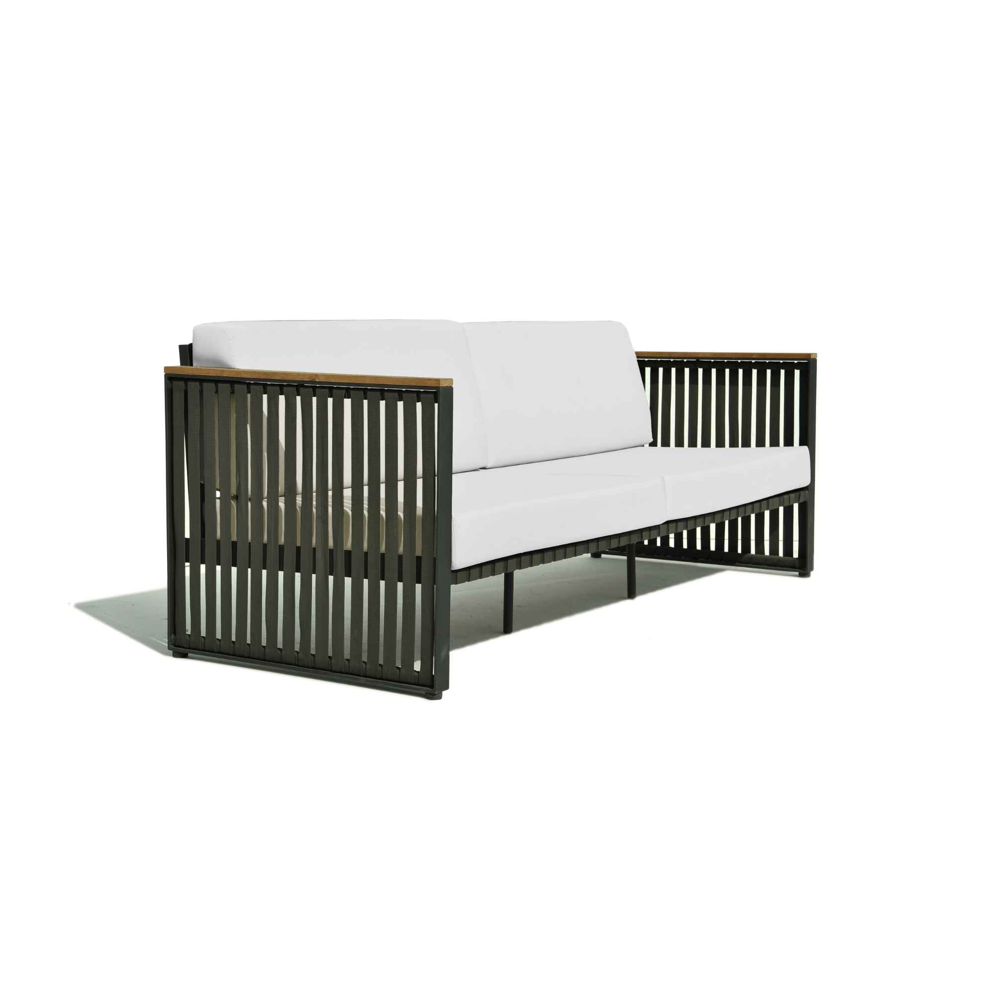 Modern outdoor sofa with white cushions on a white background