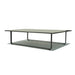 Coffee table with glass top and metal frame on a white background