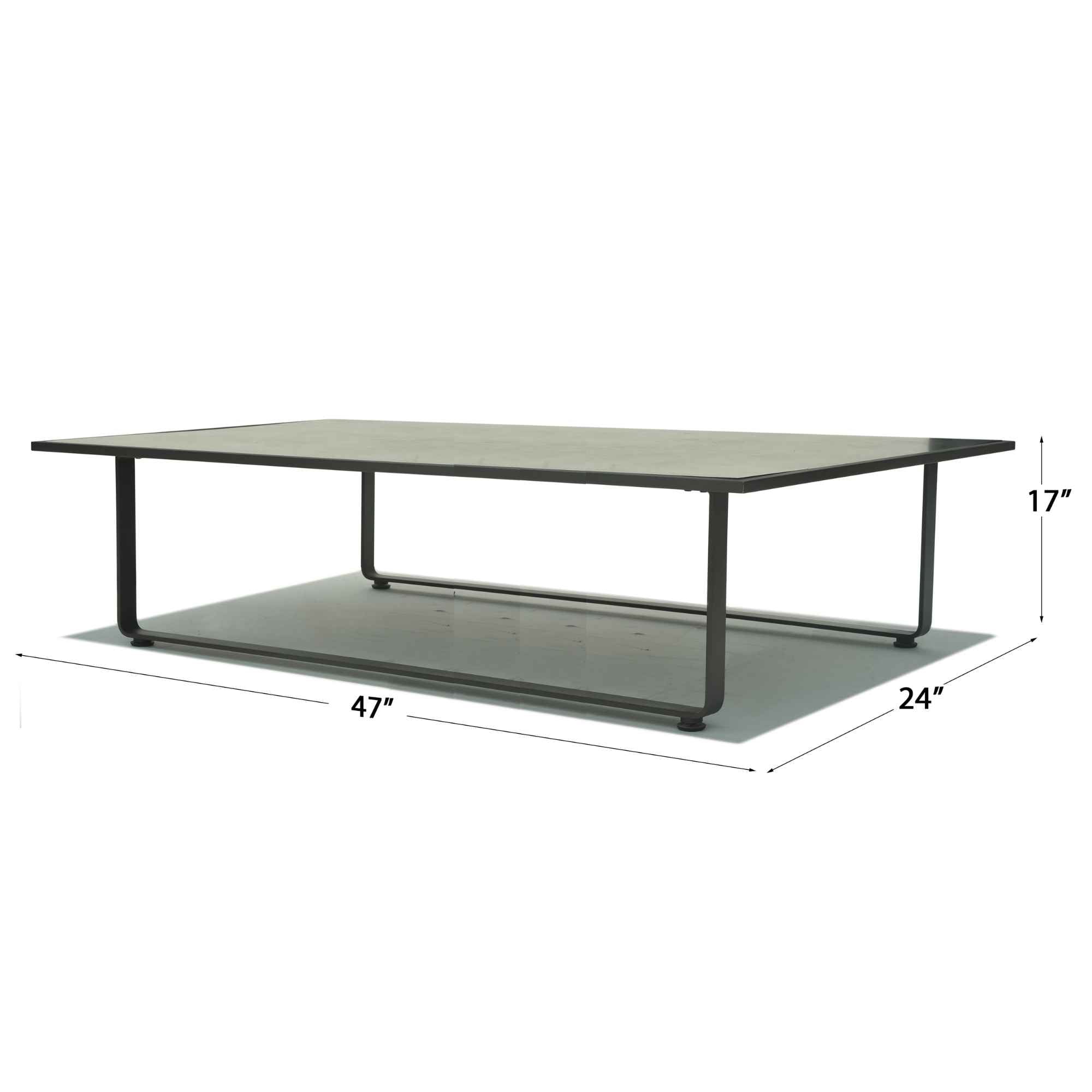 Coffee table with dimensions labeled on a white background