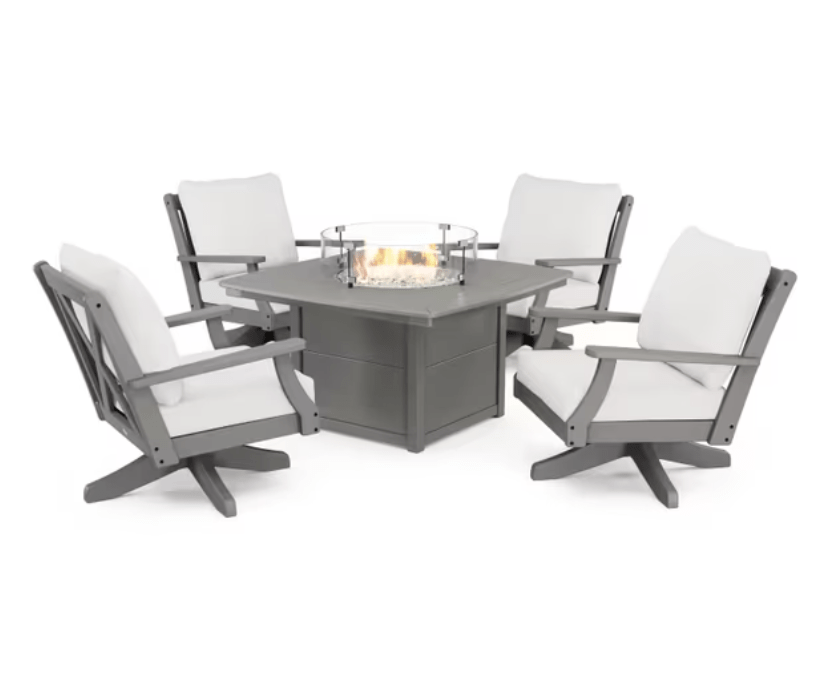 POLYWOOD Braxton 5-Piece Swivel Conversation Set with Fire Pit in slate grey with white cushions