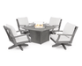 POLYWOOD Braxton 5-Piece Swivel Conversation Set with Fire Pit in slate grey with white cushions