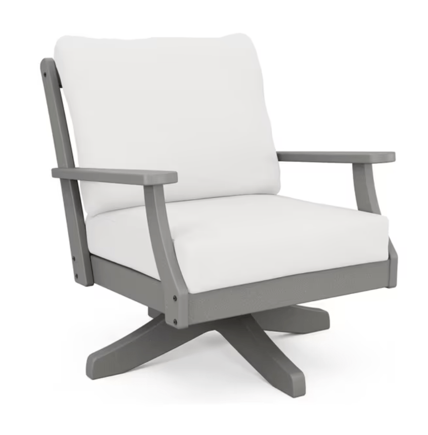 POLYWOOD Braxton Deep Seat Swivel Chair in slate grey recycled plastic with white cushion, patio lounge chair