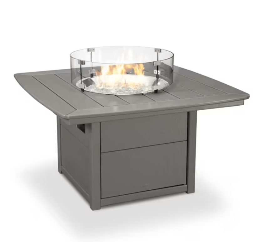 POLYWOOD Square 42-inch Fire Pit Table in slate grey recycled plastic with glass wind guard, outdoor patio